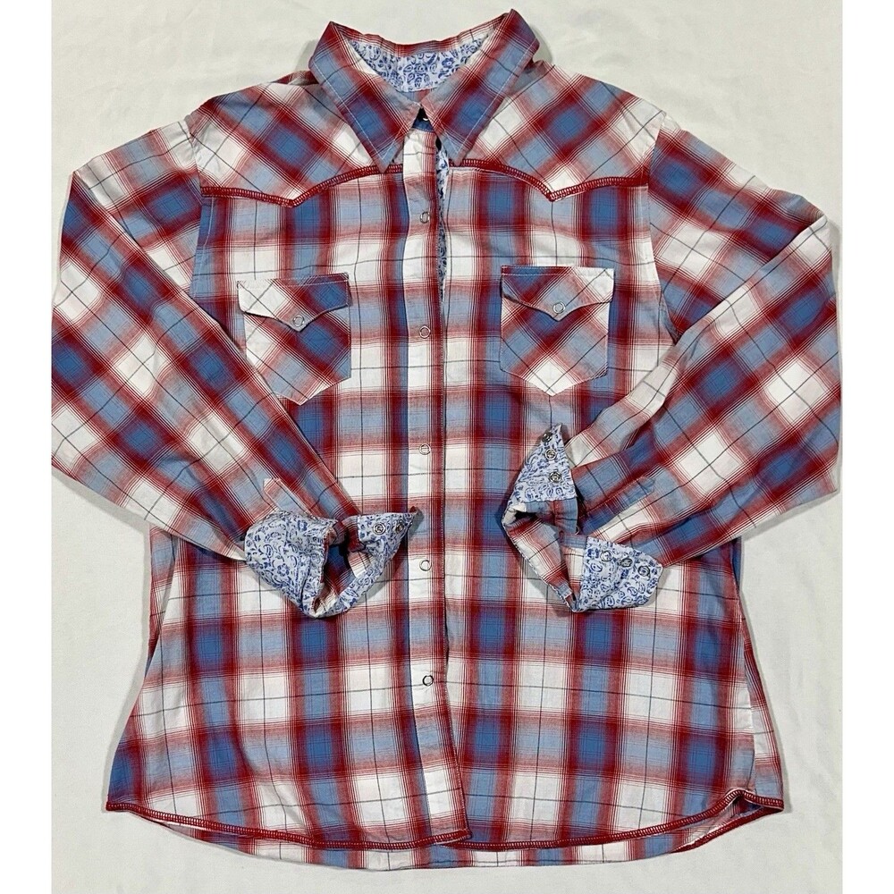 Roper Western Shirt Women’s XL Red Blue Plaid Paisley Snap Long Sleeve Cotton - Picture 2 of 11